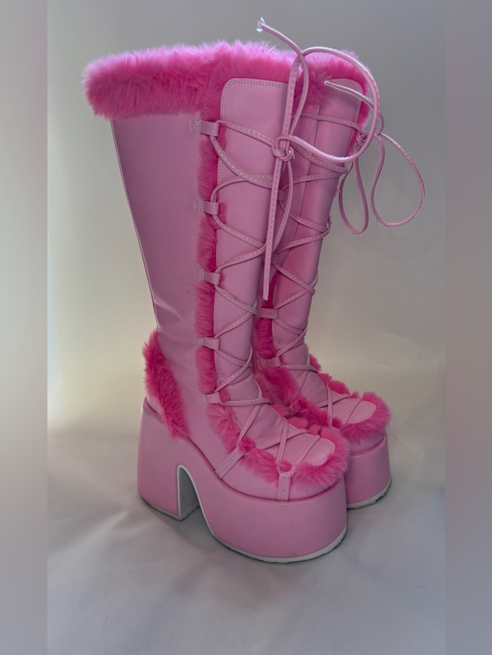 Demonia Camel-311 Pastel Pink Vegan Leather Furry Platform Lace-Up Boots Size 7